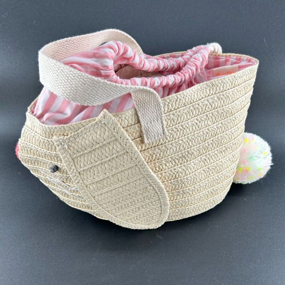 MeriMeri Straw Bunny Purse Cotton Lining Draw Sting Closure12"L x 6.5"H x 5"W - Picture 2 of 10